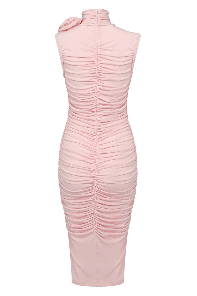 Rosette Corsage High Neck Cocktail Party Midi Dress - Pink - View 3