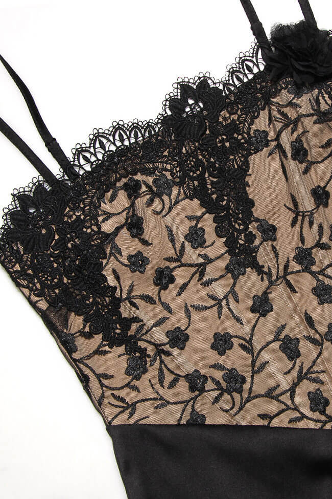 Lace Corset Spaghetti Strap Rosette Satin Slip Midi Dress - View 4