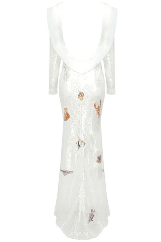 Ruffle Backless Applique Off Shoulder Sequin Maxi Dress - White - View 5