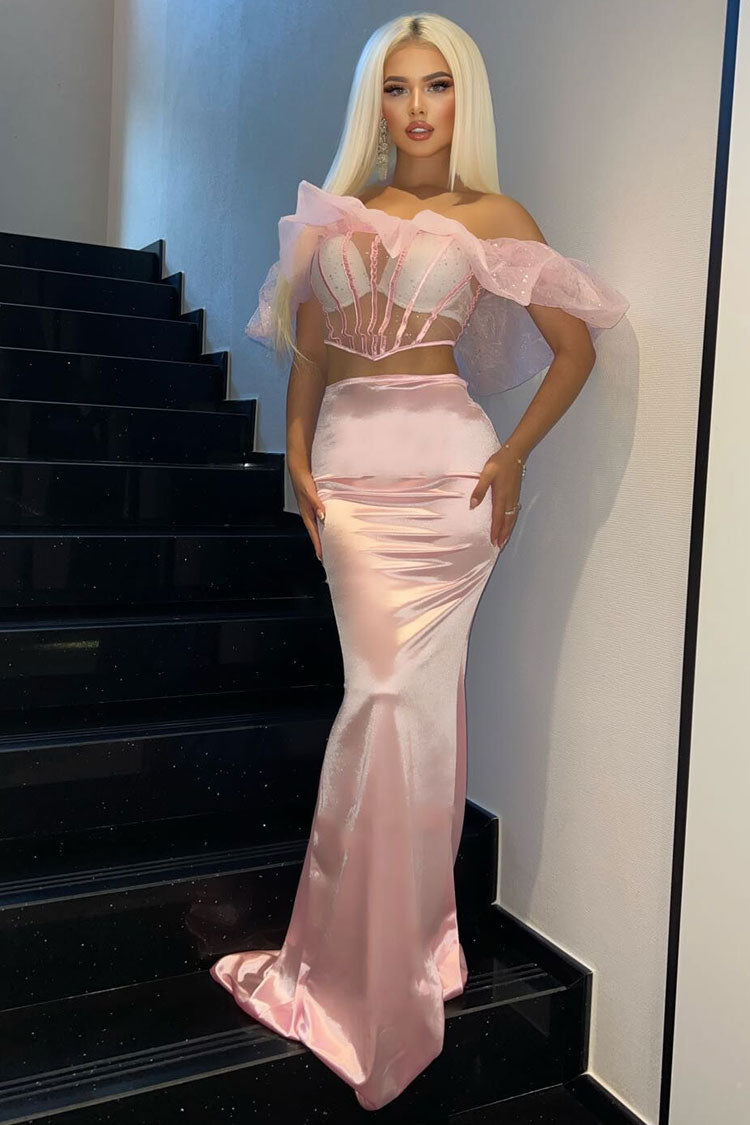 Ruffle Sheer Corset High Waist Satin Two Piece Maxi Dress - Pink - View 4