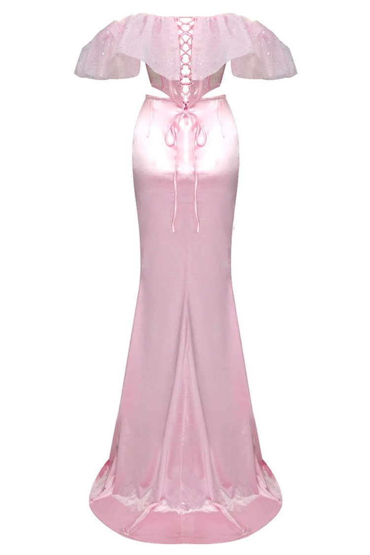 Ruffle Sheer Corset High Waist Satin Two Piece Maxi Dress - Pink - View 7
