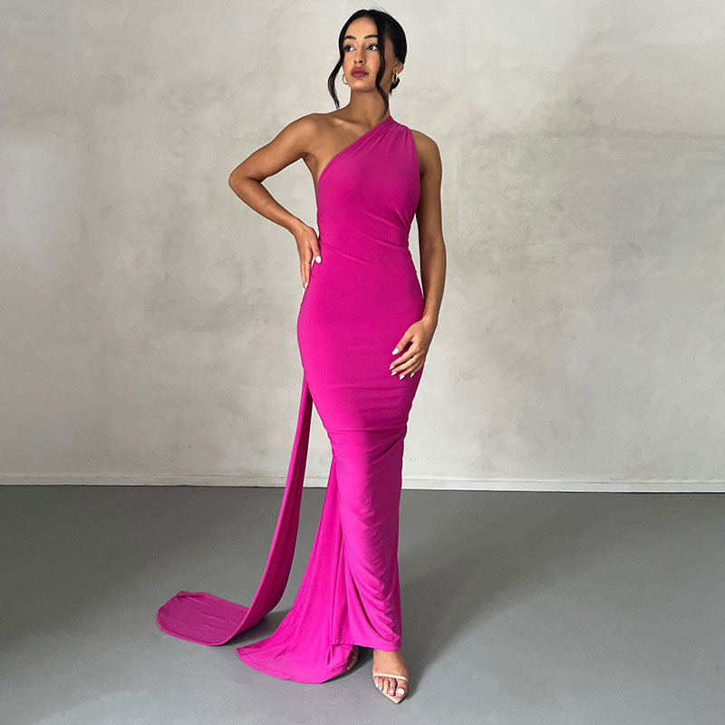 One Shoulder Ruched Backless Evening Maxi Dress - Hot Pink