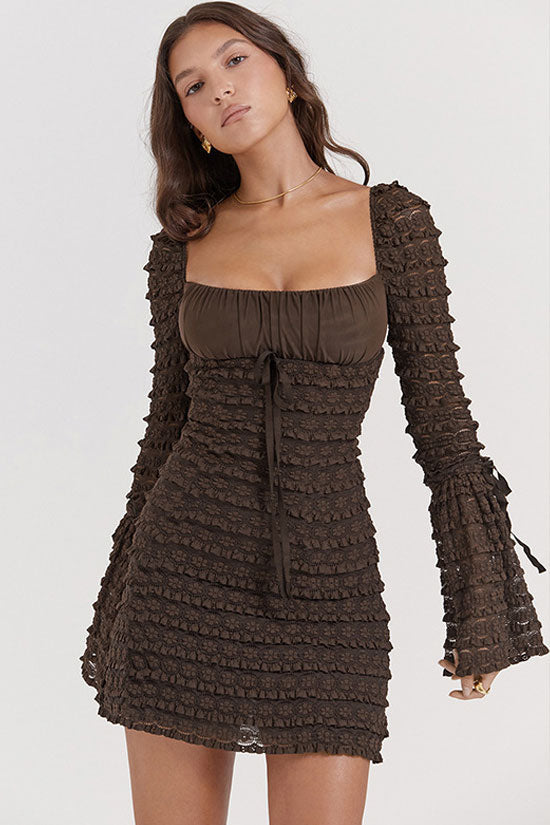 Square Neck Flared Sleeve Tiered Ruffle Lace Bodycon Mini Dress - View 4