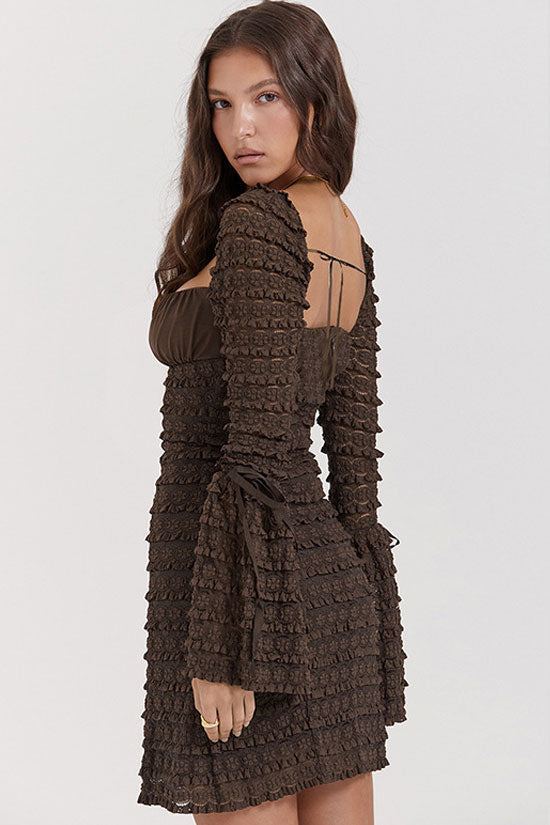 Square Neck Flared Sleeve Tiered Ruffle Lace Bodycon Mini Dress - View 5