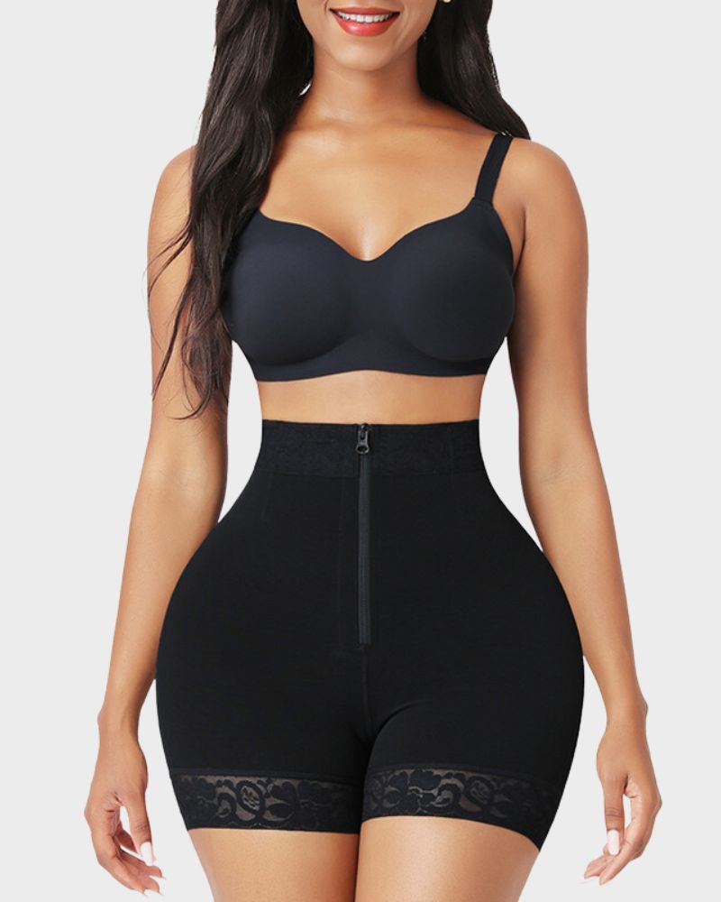 High Waist Zip Front Lace Trim Shaping Shorts 9