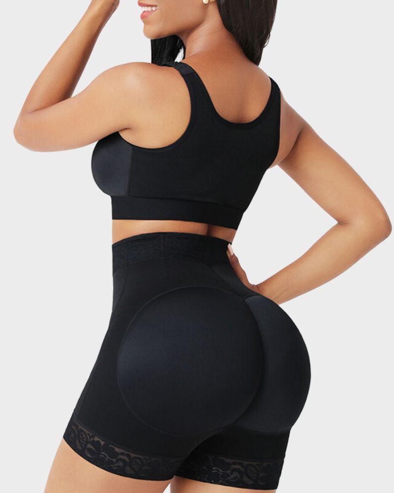 High Waist Zip Front Lace Trim Shaping Shorts 10