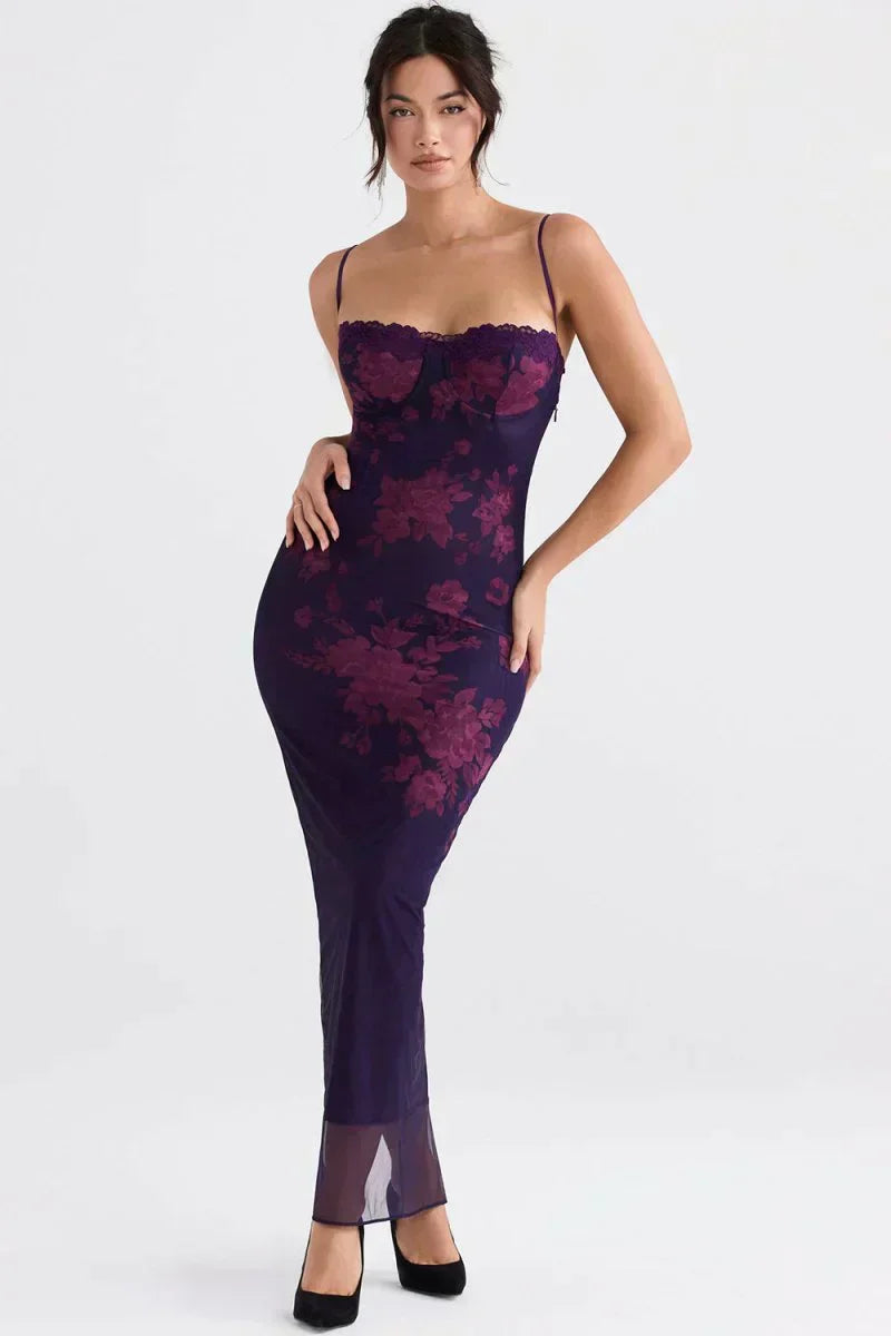 Floral Spaghetti Strap Lace Trim Bodycon Maxi Dress
