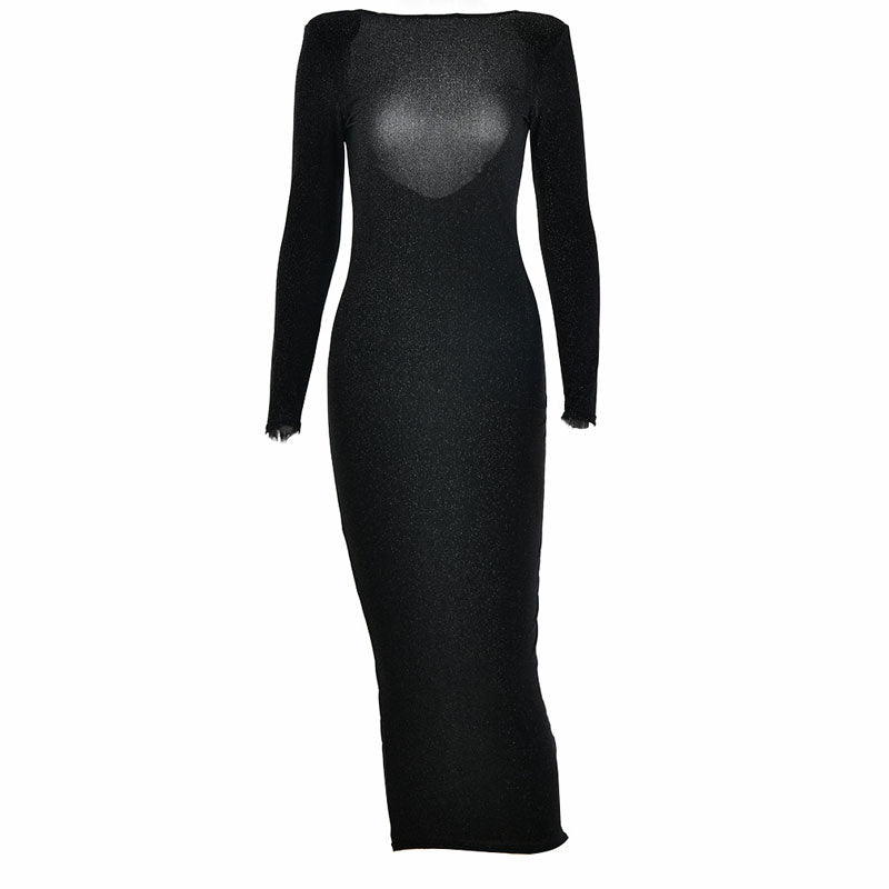 Long Sleeve Open Back Cocktail Midi Dress - Black - View 3