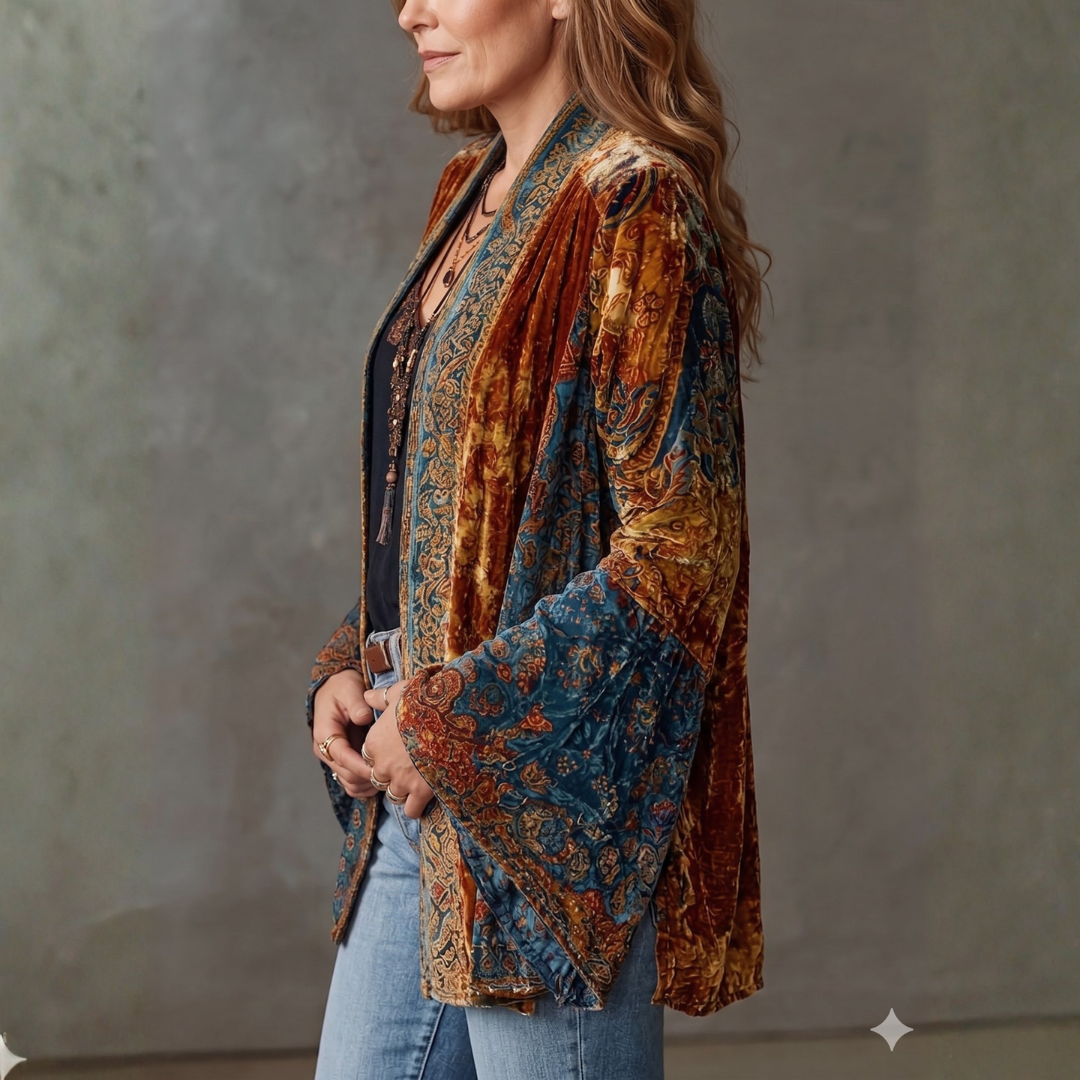 Paisley Print Velvet Look Open Front Kimono Jacket 2