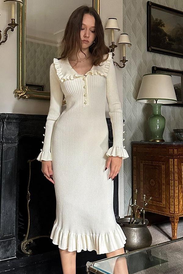 Sicily Ruffle Pearl Midi Knit Dress - View 8