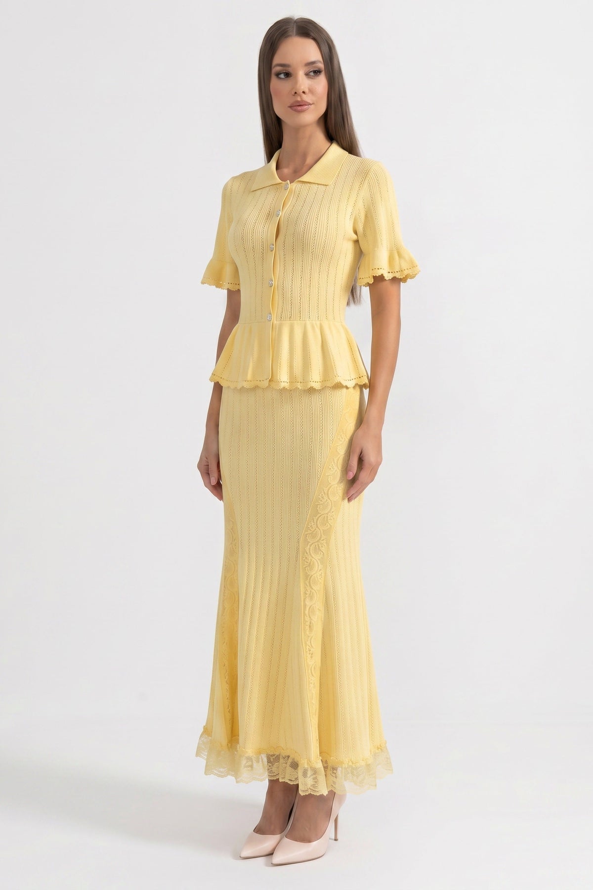 Peter-Pan Collar Knit Peplum Maxi Dress With Lace Hem - Yellow - View 3