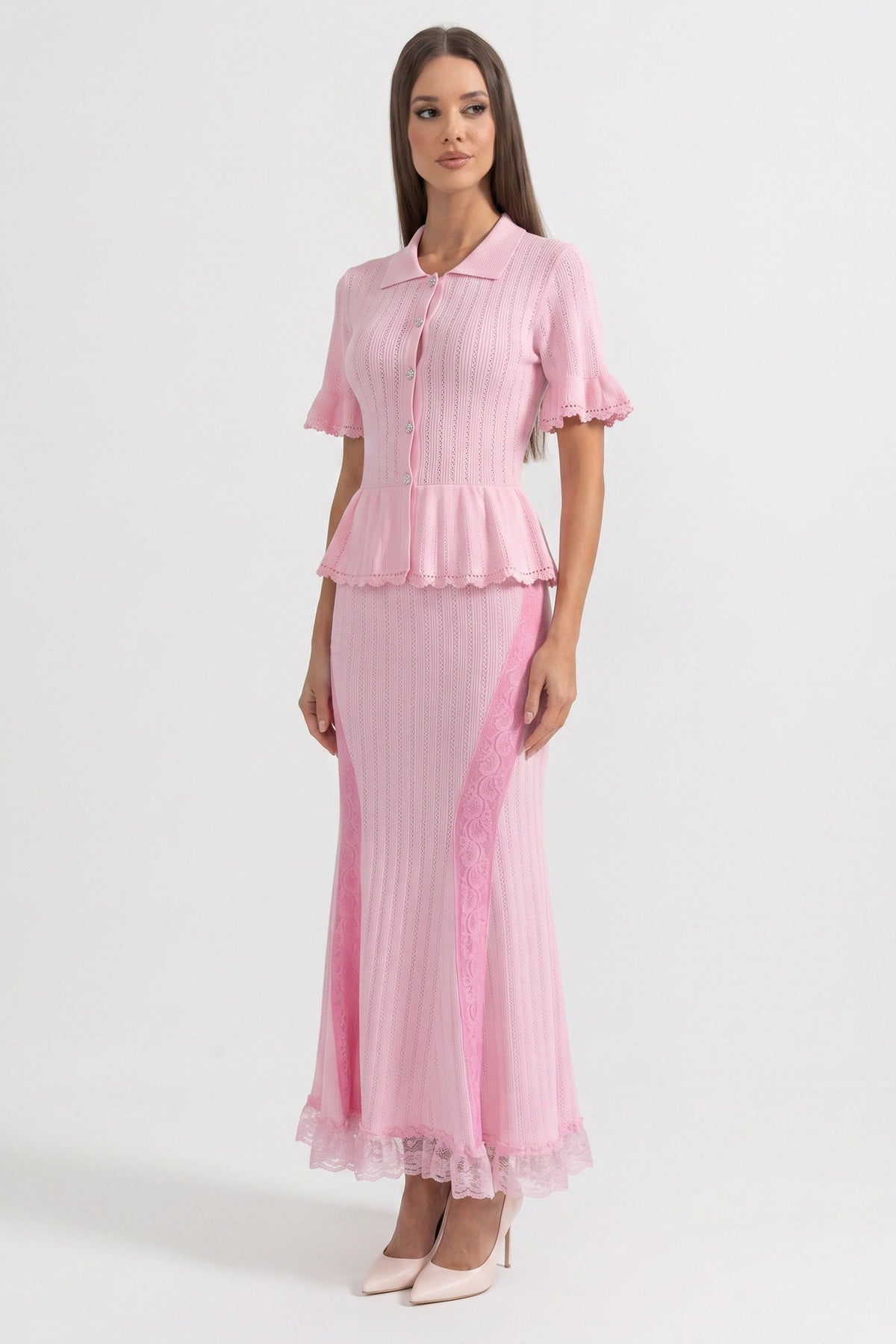 Peter-Pan Collar Knit Peplum Maxi Dress With Lace Hem - Pink - View 5