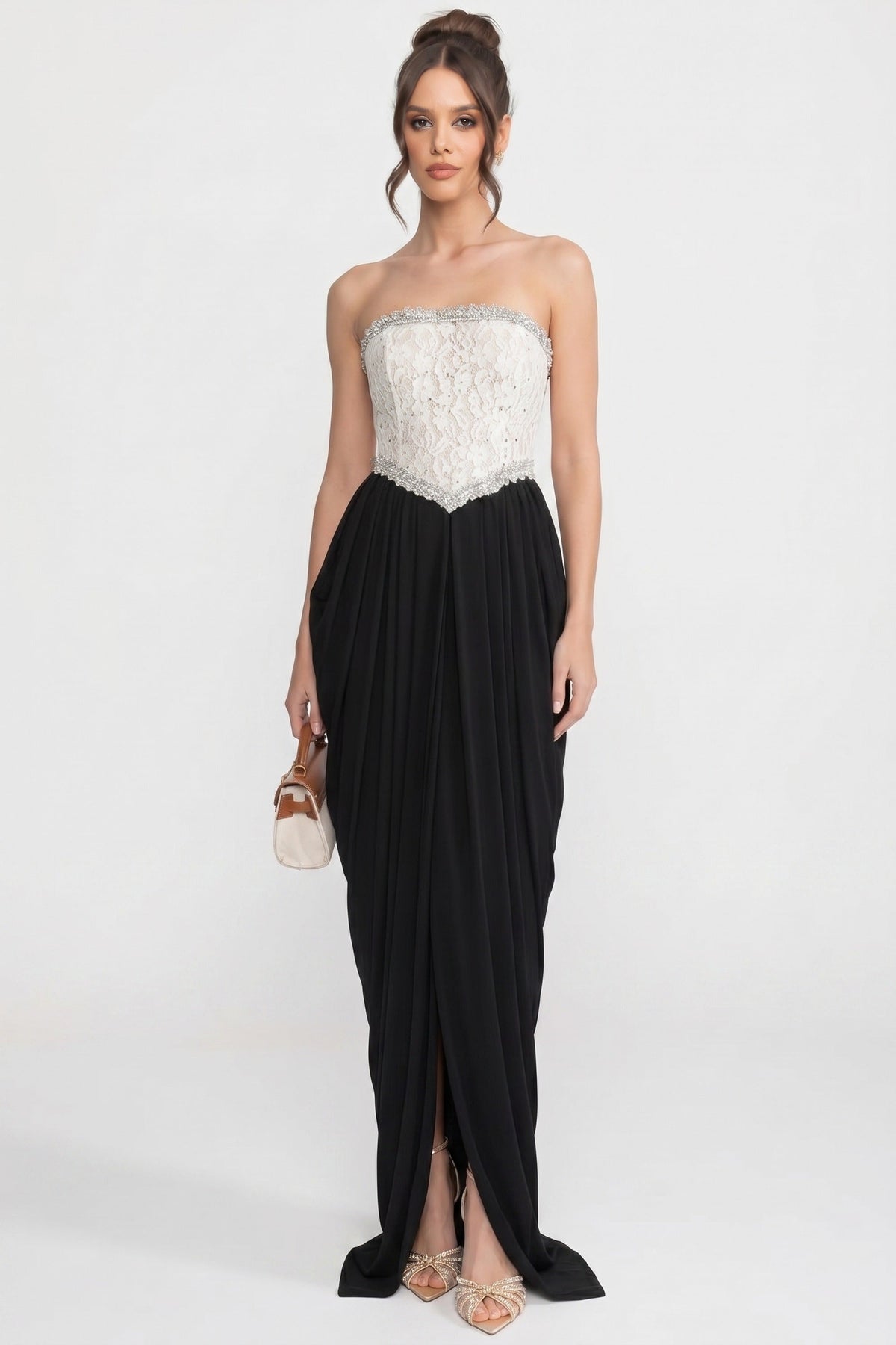 Strapless Beaded Lace Bodice Draped High Split Maxi Gown