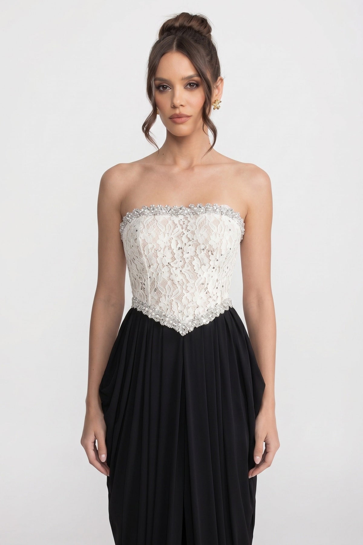 Strapless Beaded Lace Bodice Draped High Split Maxi Gown 4
