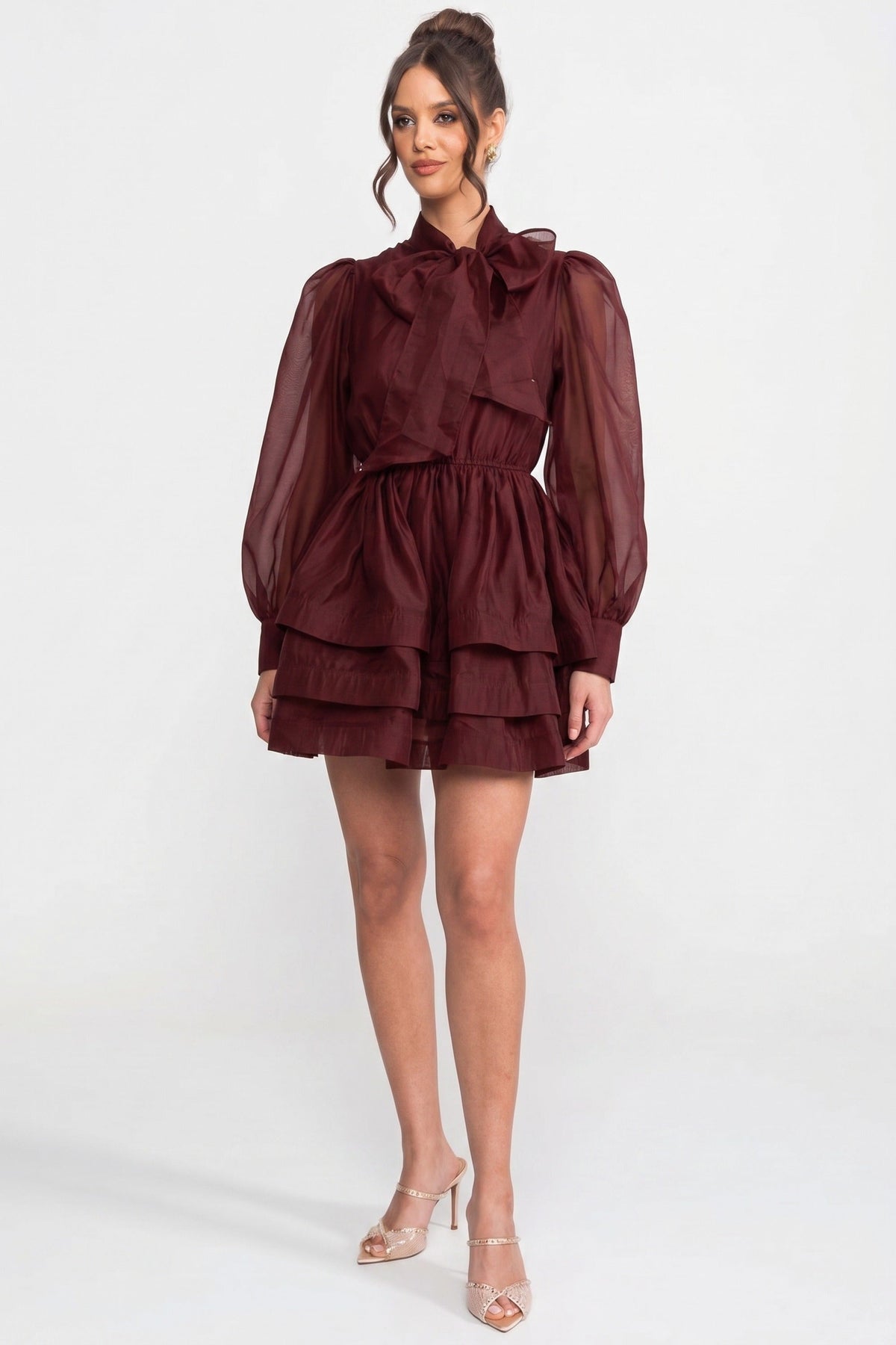 High-Neck Puff-Sleeve Mini Dress - Wine - View 5