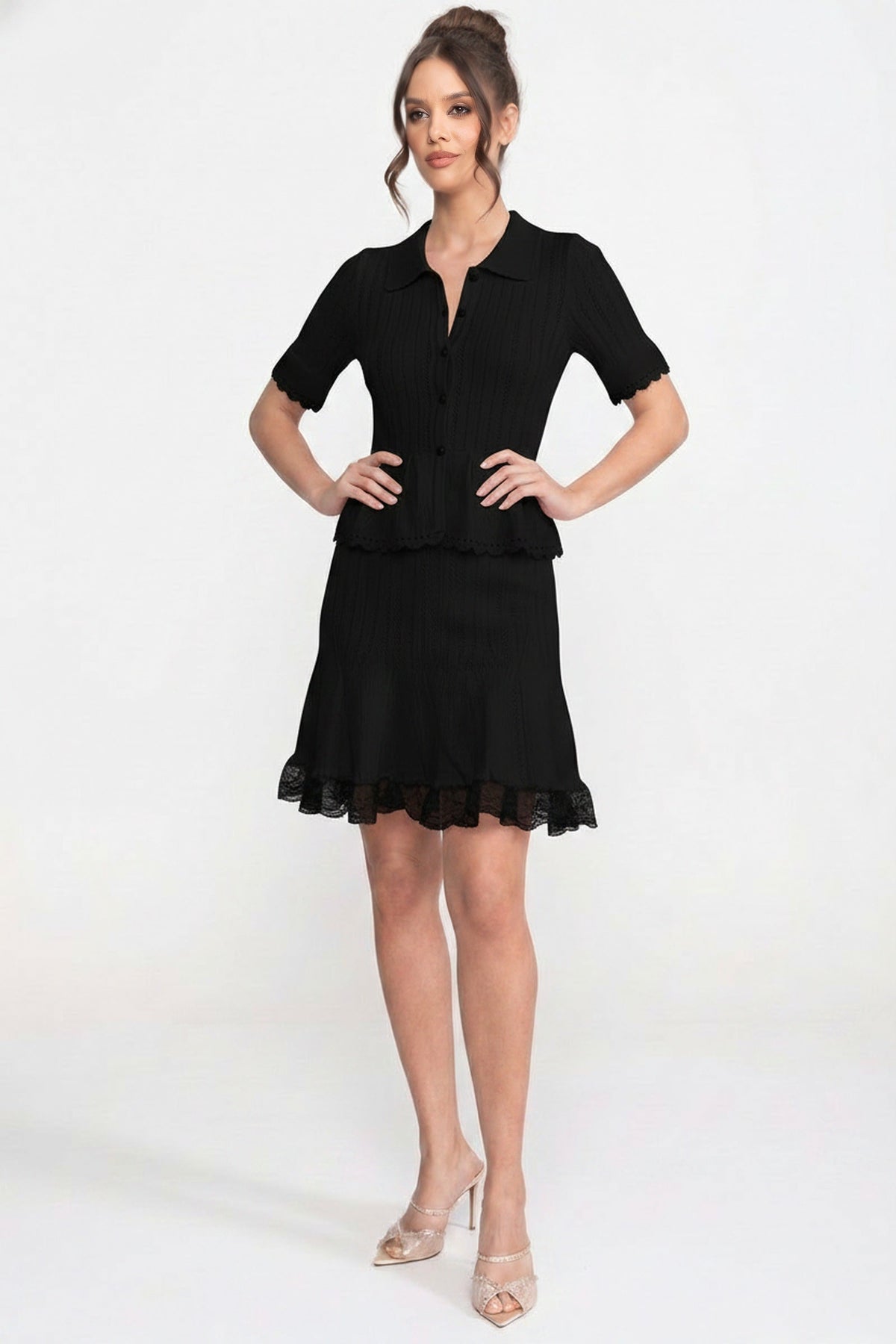 Polo-Collar Mini Dress - Black - View 3