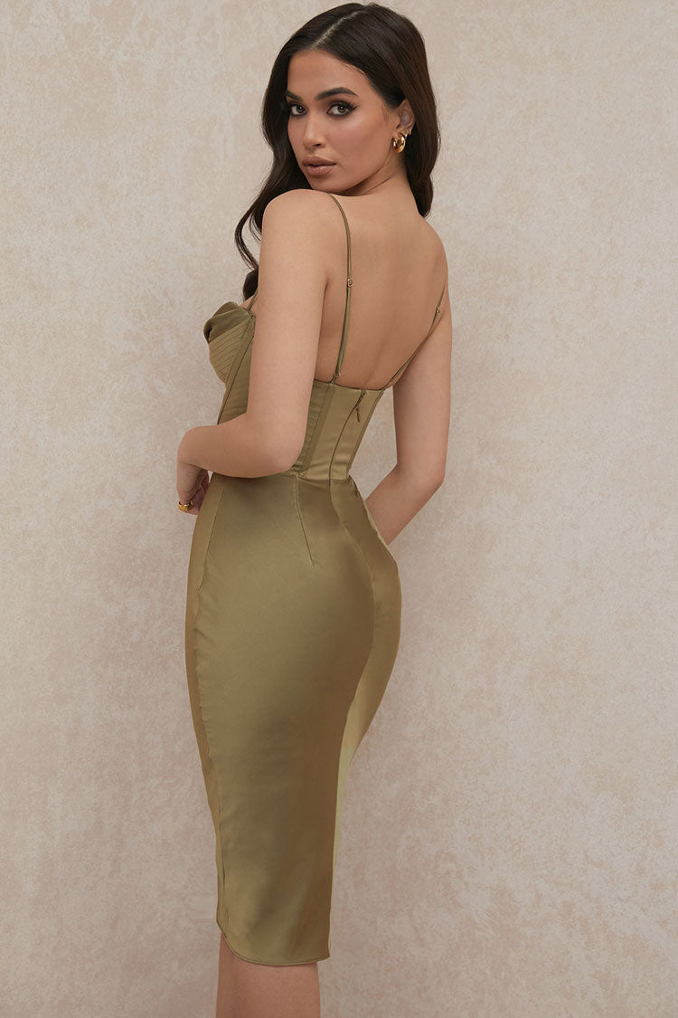 Satin Cowl Neck Spaghetti Strap Corset Bodycon Midi Dress in Green - View 3