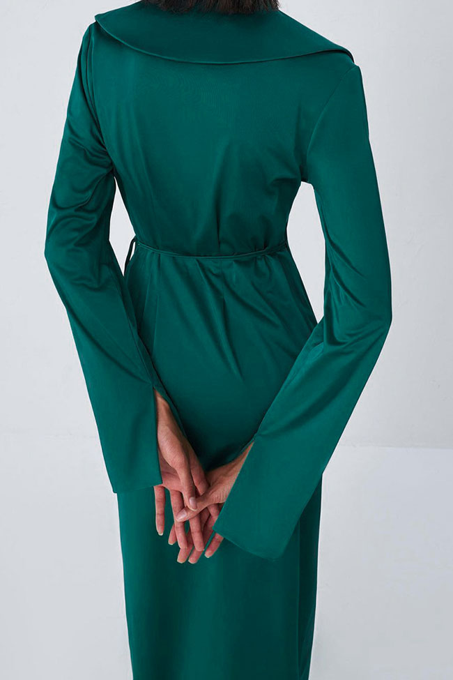 Silky Satin Long Sleeve Cocktail Party Wrap Maxi Dress - Emerald Green - View 2