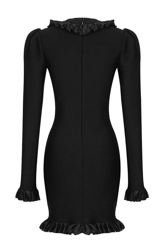 Deep V-Neck Puff Sleeve Ruffle Trim Button Bodycon Mini Dress - View 5