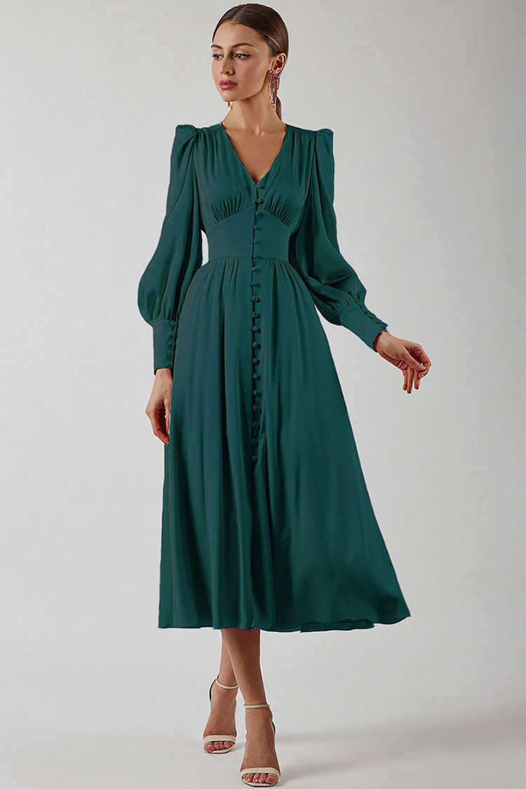 Silky Satin V Neck Puff Sleeve Shirt Midi Dress - Dark Green