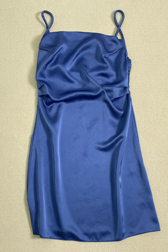 Square Neck Spaghetti Strap Ruched Satin Slip Mini Dress - View 4