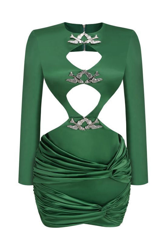 Satin High Neck Long Sleeve Cut Out Twist Ruched Mini Dress - View 5