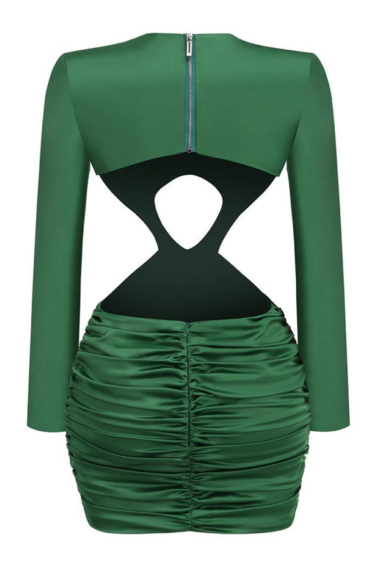 Satin High Neck Long Sleeve Cut Out Twist Ruched Mini Dress - View 6