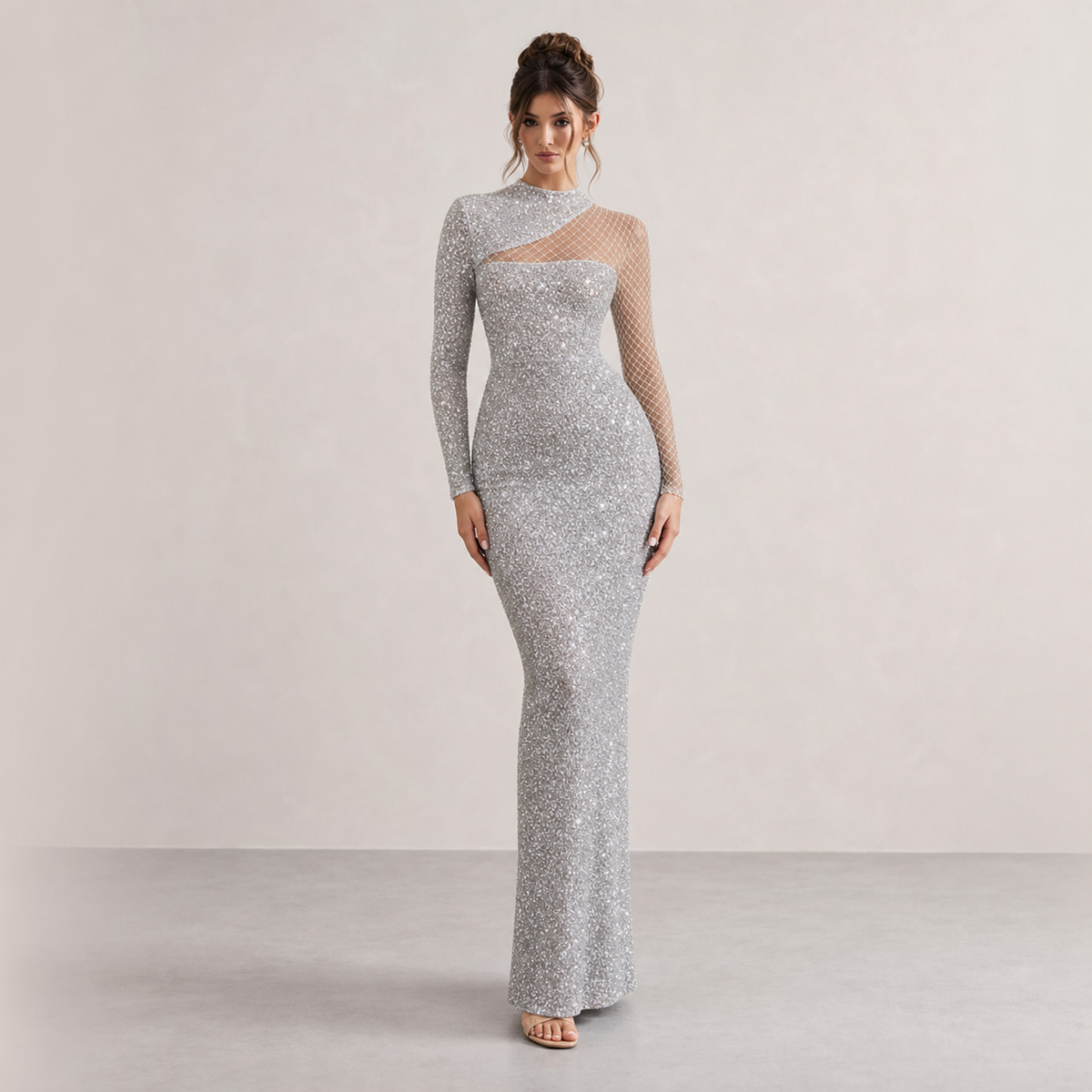 High Neck One Sleeve Sequin Mesh Cut Out Bodycon Maxi Gown