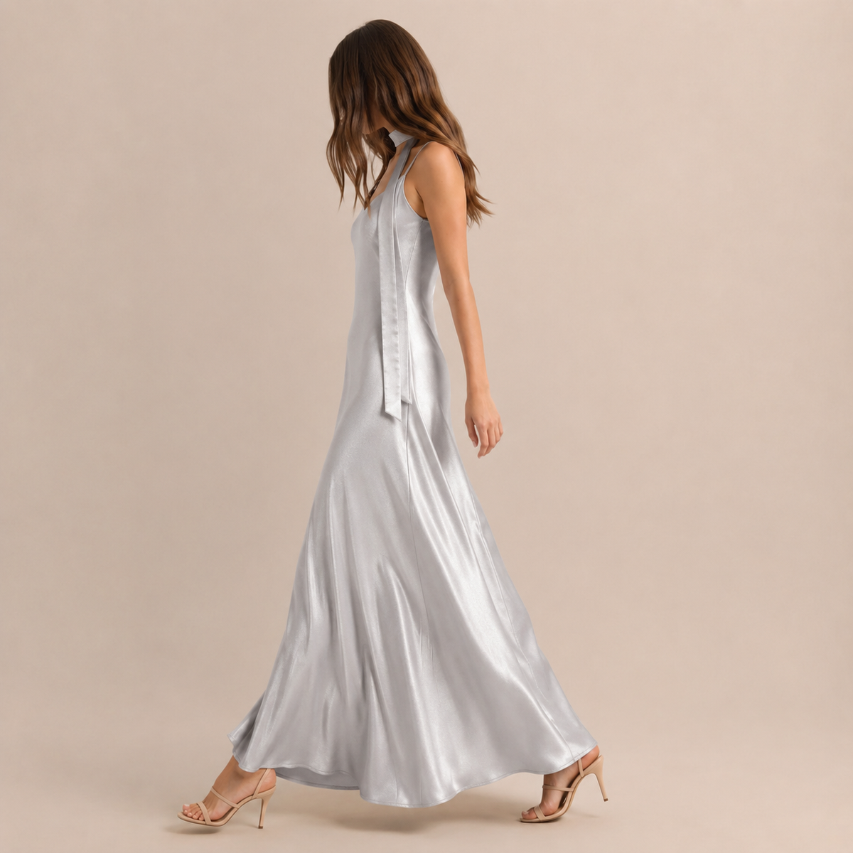 Scarf Neck V-Neck Satin Bias Slip Maxi Dress 12