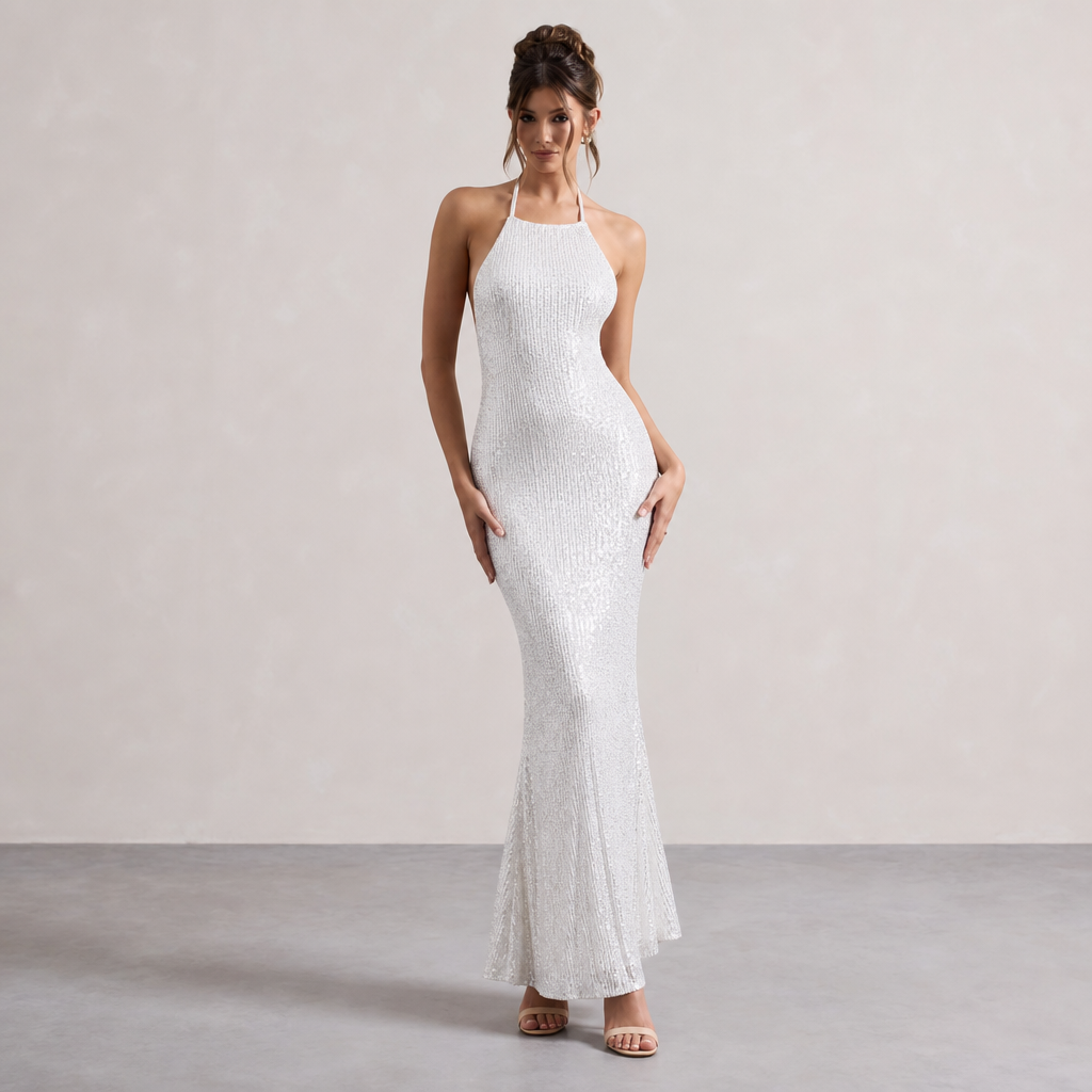 Sequin Halter Neck Backless Fishtail Maxi Gown