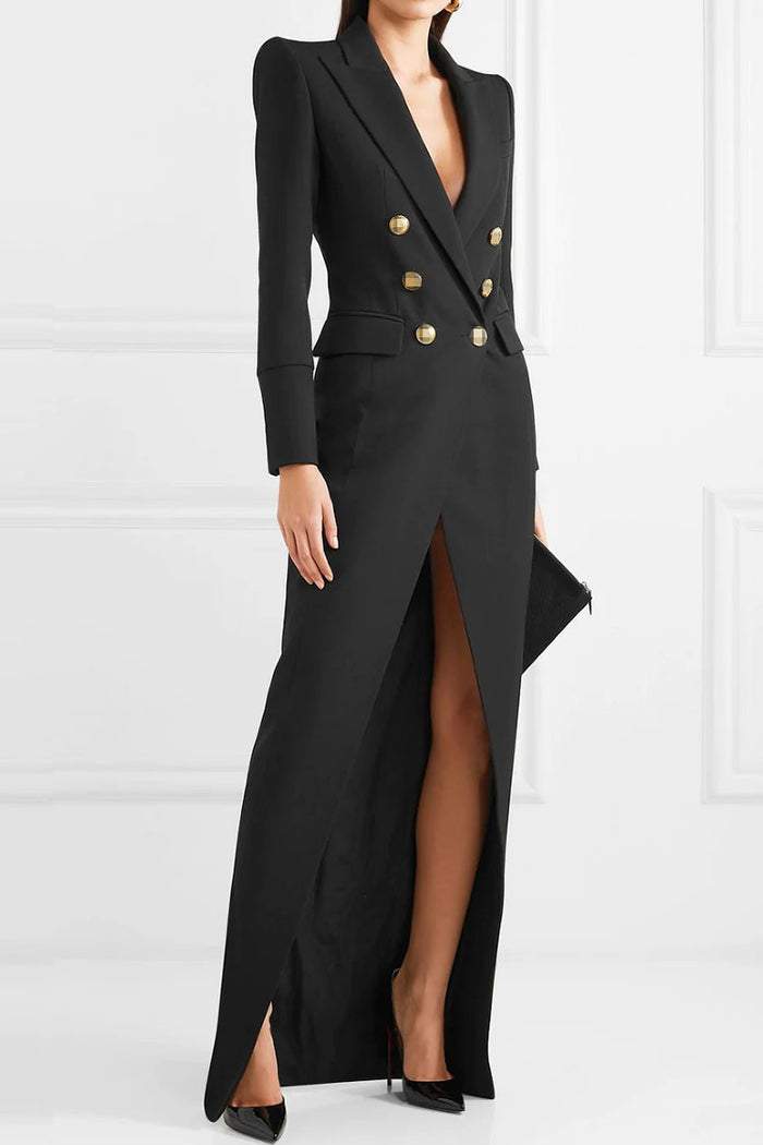 Double Breasted Peak Lapel Long Sleeve High Split Maxi Blazer Dress