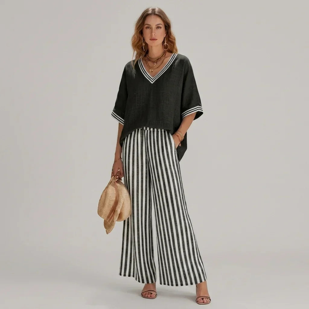 V-Neck Contrast Trim Top and Striped Wide Leg Pants Two Piece Set 3