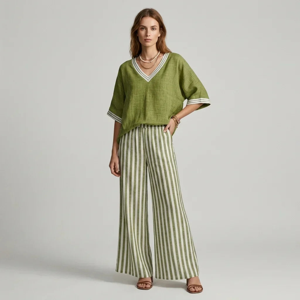 V-Neck Contrast Trim Top and Striped Wide Leg Pants Two Piece Set 2