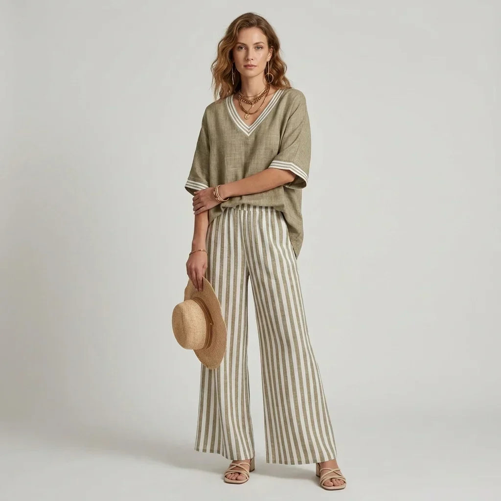 V-Neck Contrast Trim Top and Striped Wide Leg Pants Two Piece Set 4