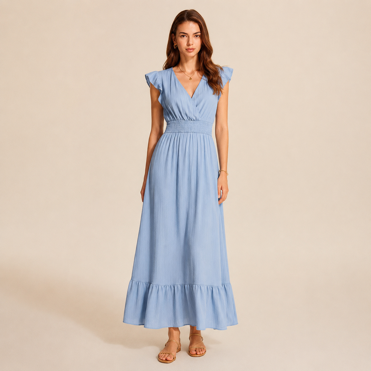 V-Neck Flutter Sleeve Shirred Waist Tiered Maxi Dress 13