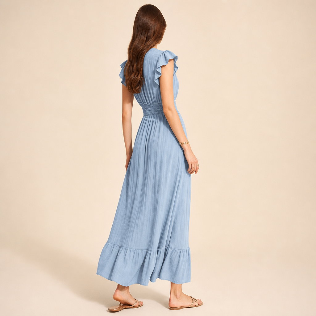 V-Neck Flutter Sleeve Shirred Waist Tiered Maxi Dress 15