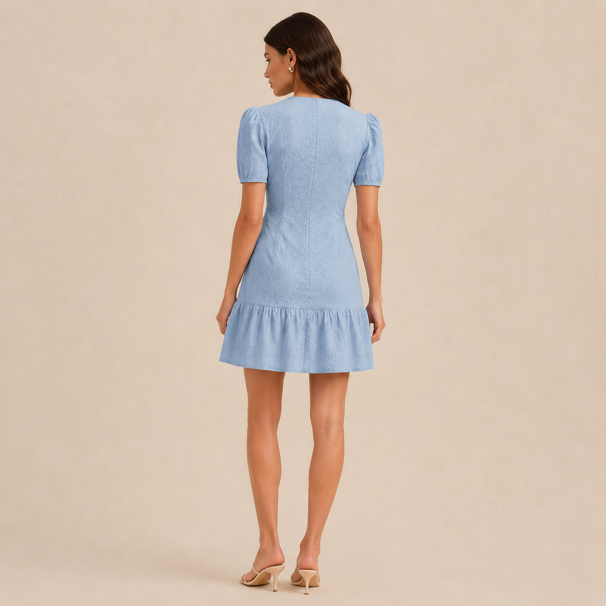 V-Neck Button Front Eyelet Ruffle Hem Mini Dress 9