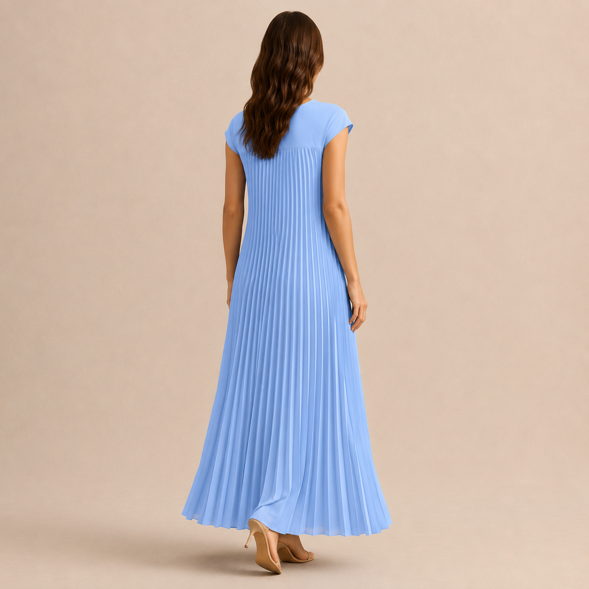 Crew Neck Cap Sleeve Pleated A-Line Maxi Dress 18