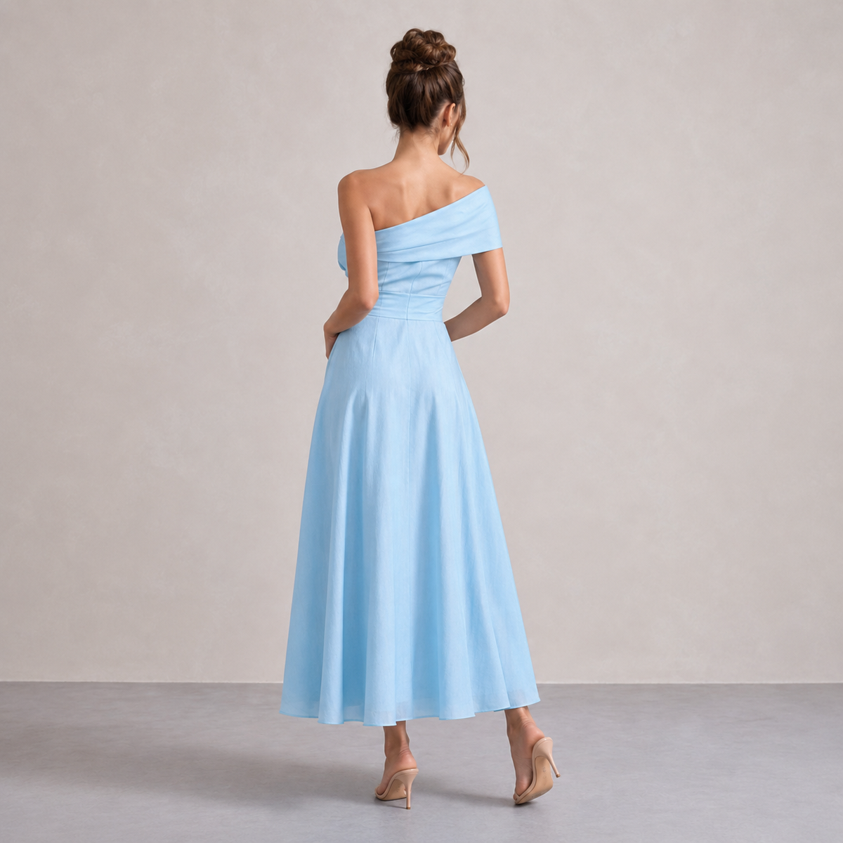 One Shoulder Pleated Waist Fit and Flare Maxi Dress 6