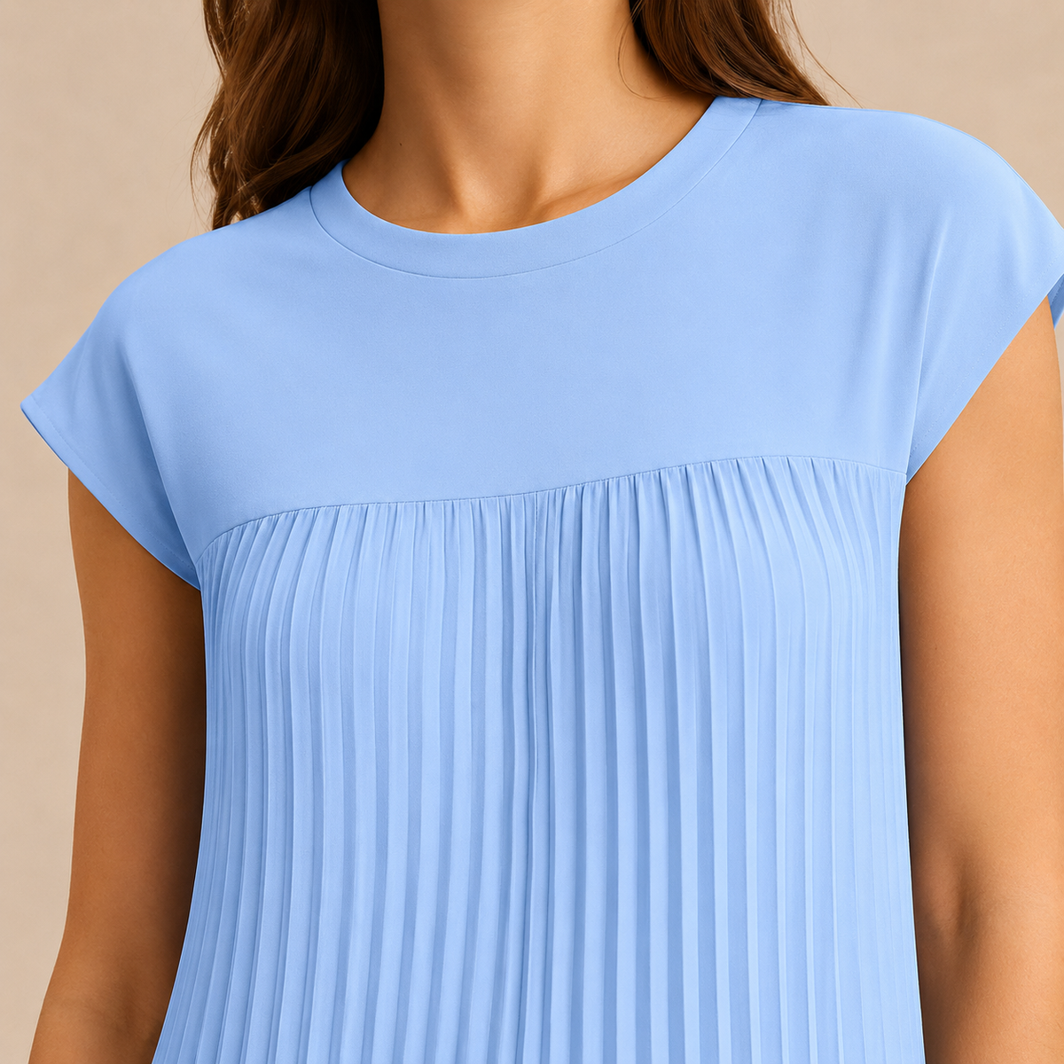 Crew Neck Cap Sleeve Pleated A-Line Maxi Dress 17