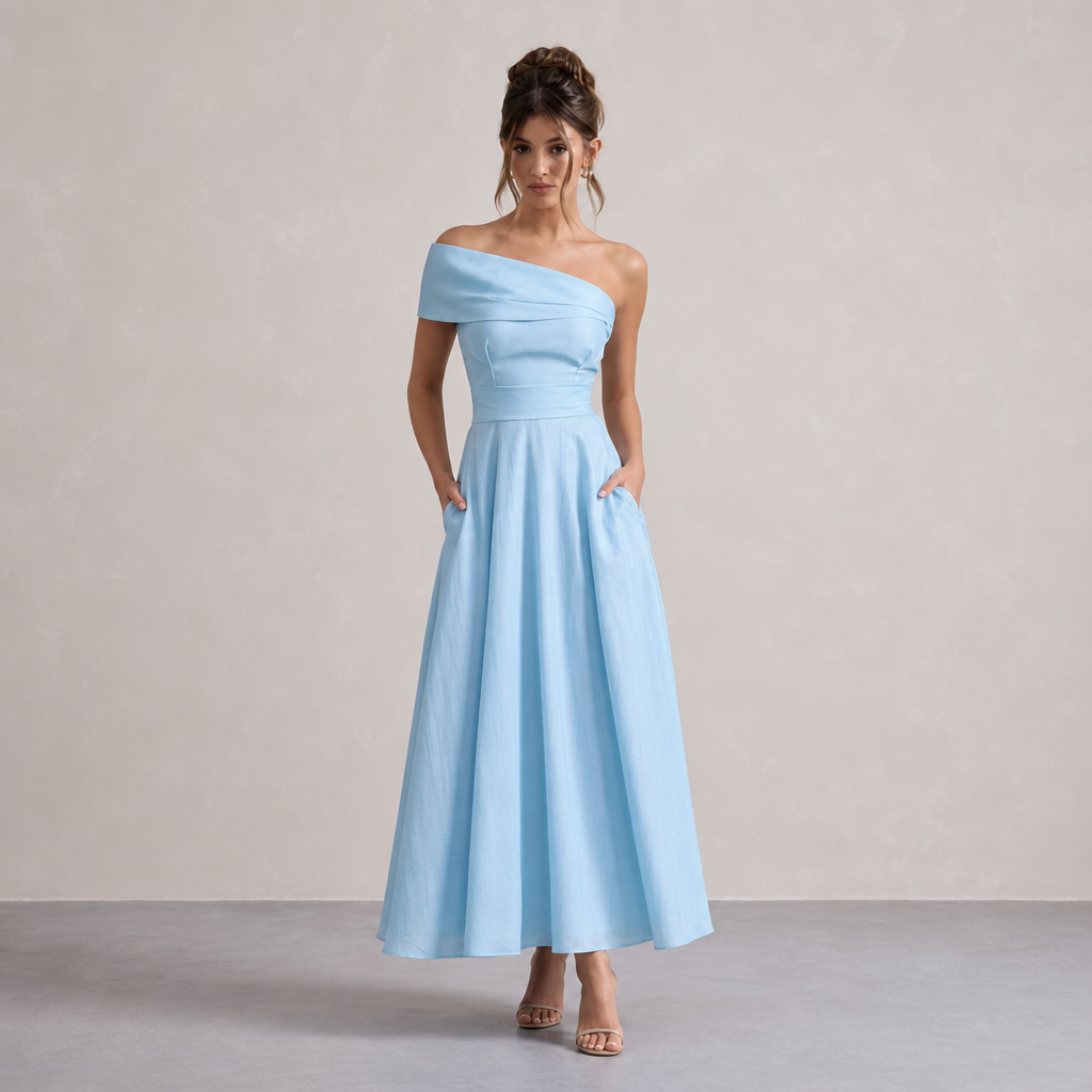 One Shoulder Pleated Waist Fit and Flare Maxi Dress 4