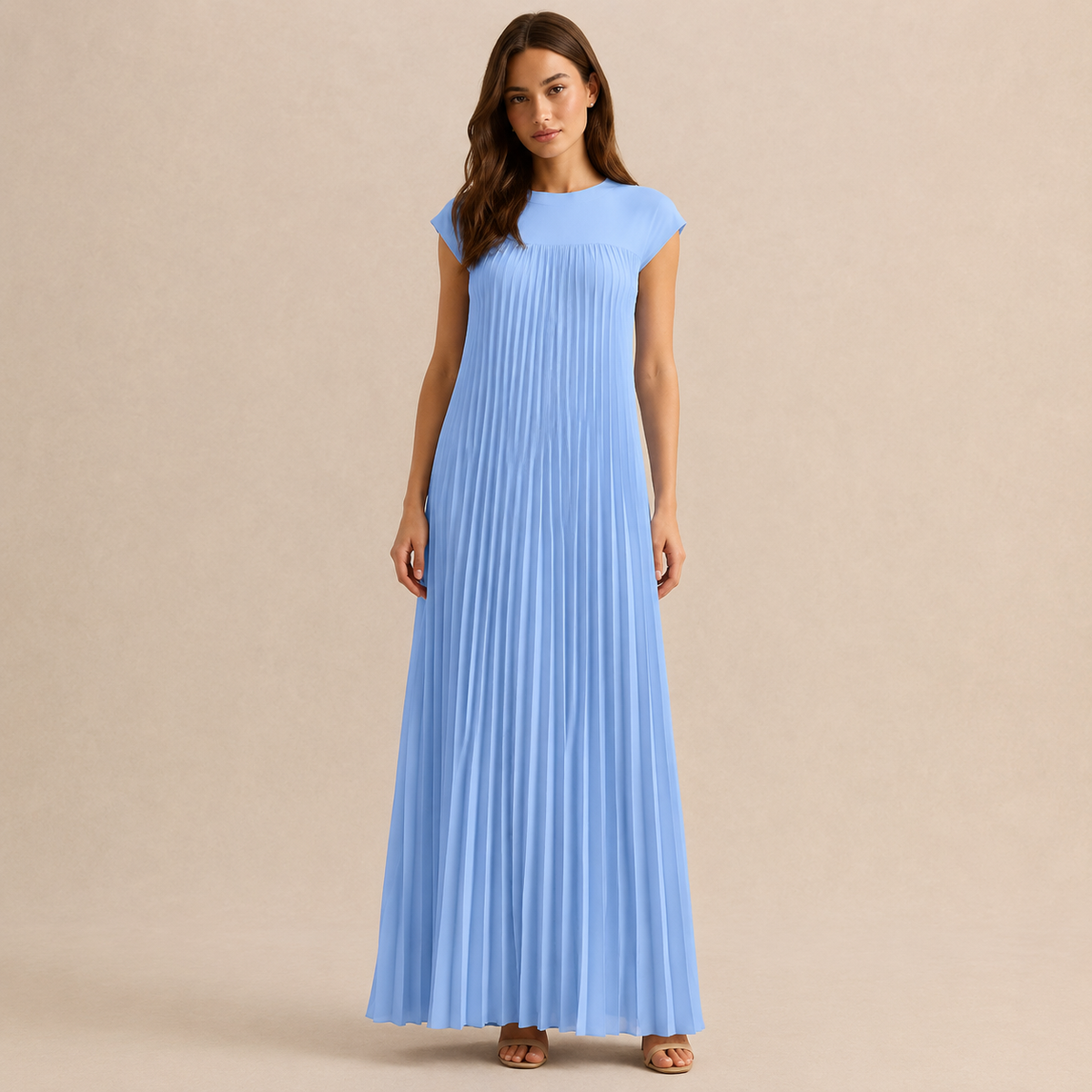 Crew Neck Cap Sleeve Pleated A-Line Maxi Dress 16