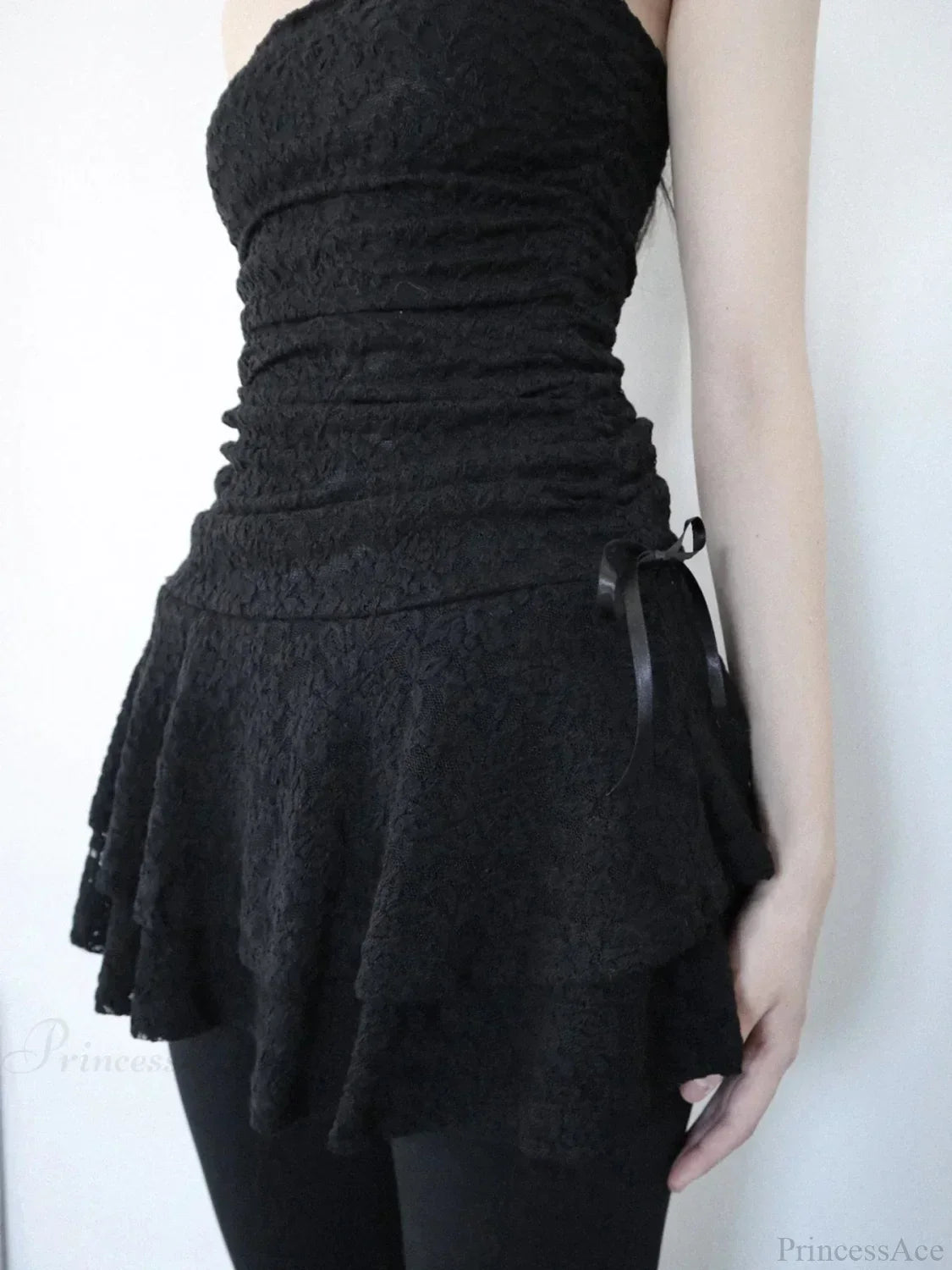 Strapless Lace Ruched Tiered Ruffle Scalloped Hem Cocktail Mini Dress - View 2