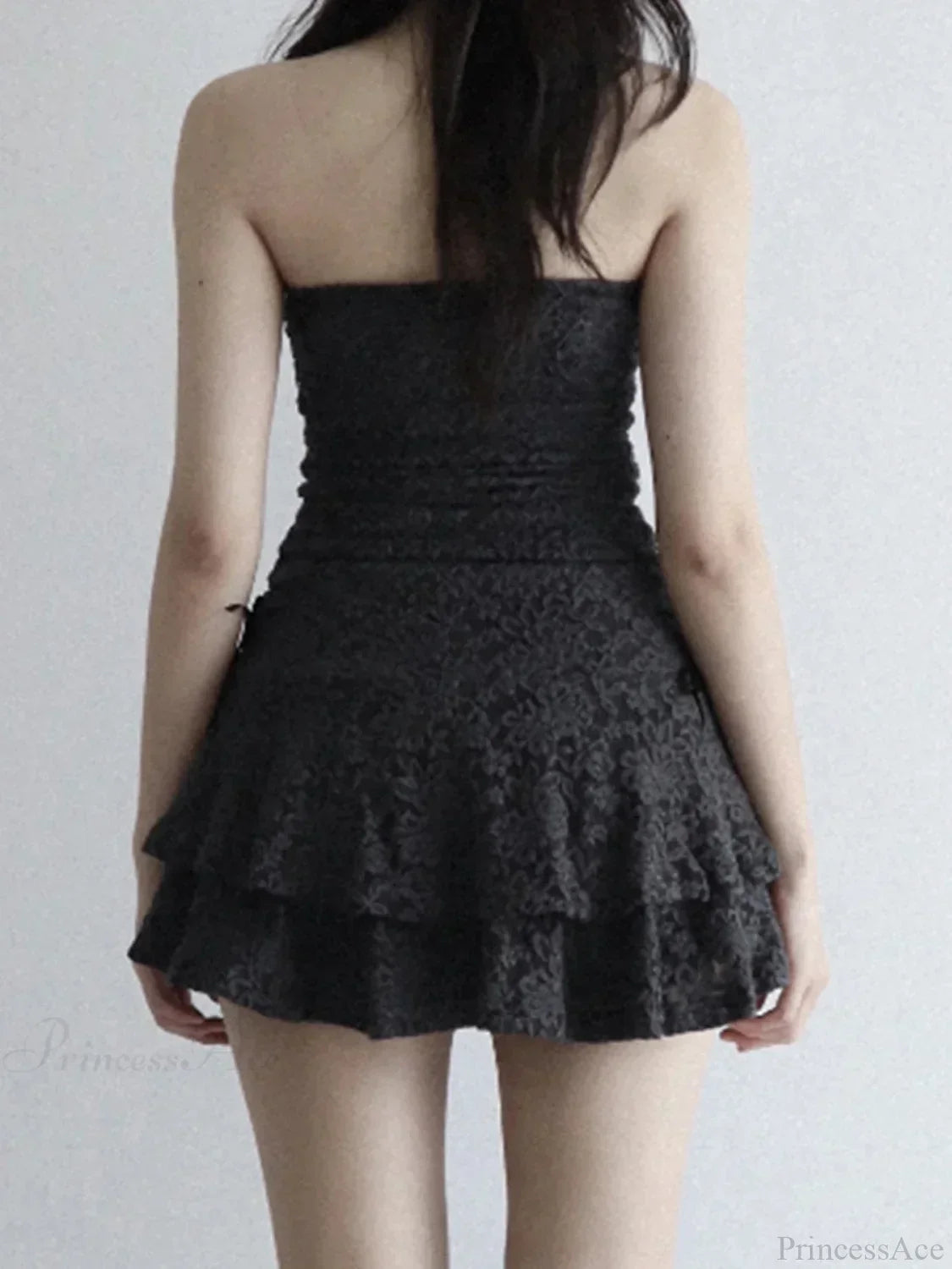 Strapless Lace Ruched Tiered Ruffle Scalloped Hem Cocktail Mini Dress - View 5