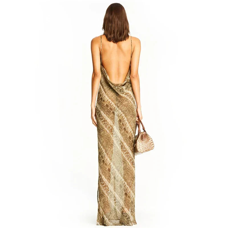Snake Chiffon Long Party Sheer Backless Elegant Autumn Clothes Midi Dresses - View 5