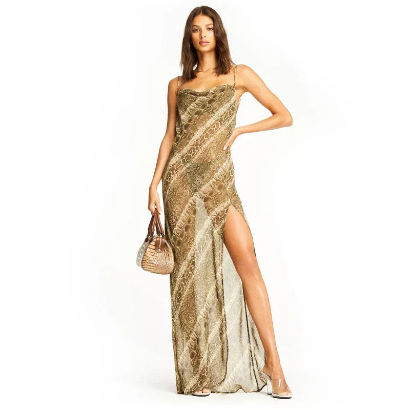 Snake Chiffon Long Party Sheer Backless Elegant Autumn Clothes Midi Dresses - View 4