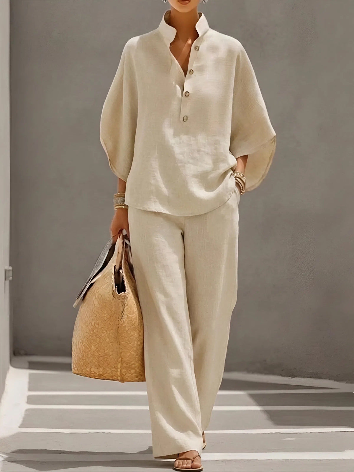 Band Collar Half Sleeve Top and Wide Leg Pants Two Piece Set 3