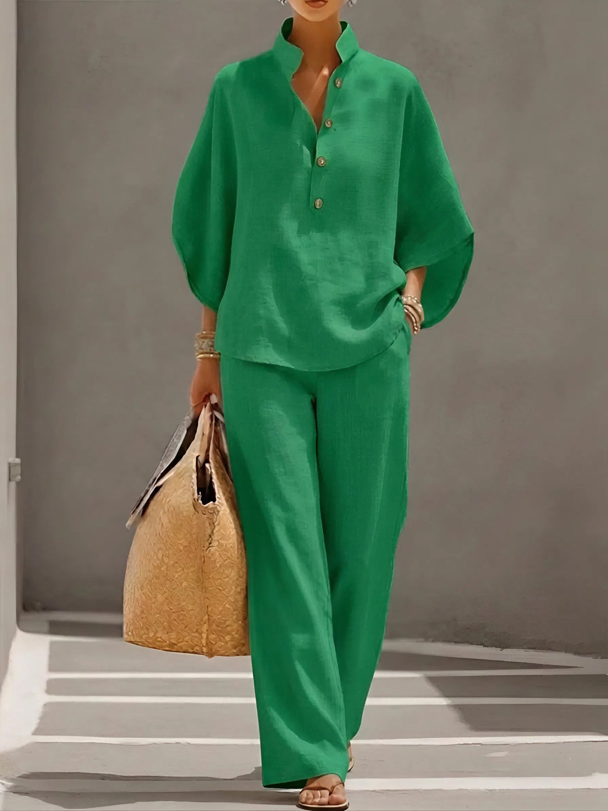 Band Collar Half Sleeve Top and Wide Leg Pants Two Piece Set 6