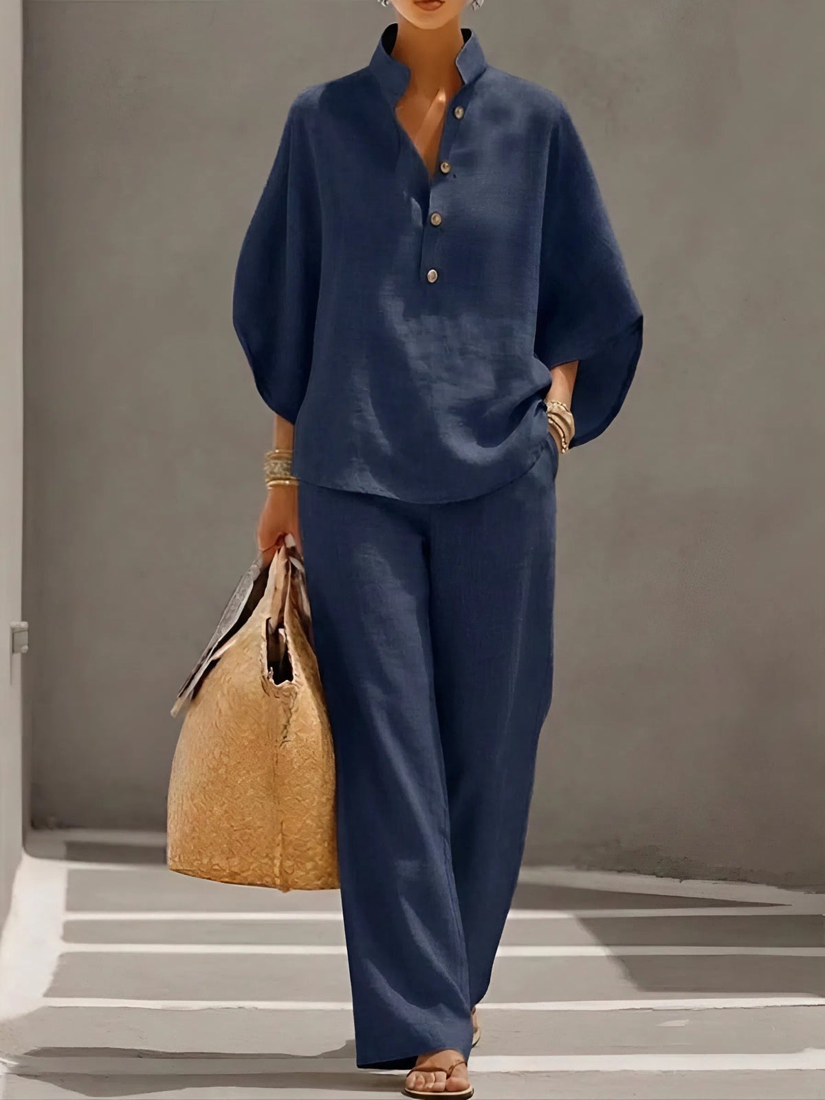 Band Collar Half Sleeve Top and Wide Leg Pants Two Piece Set 4
