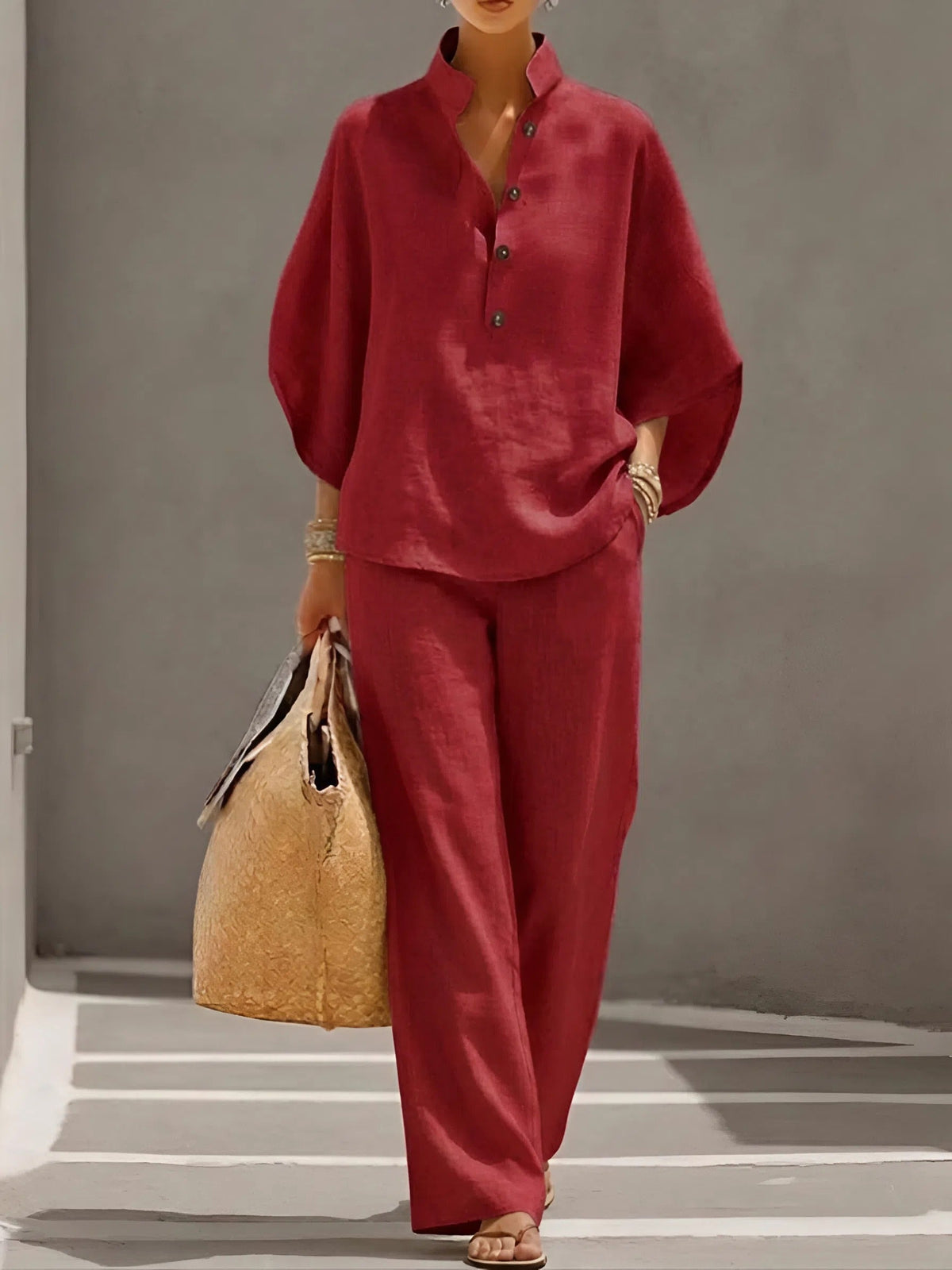 Band Collar Half Sleeve Top and Wide Leg Pants Two Piece Set 5